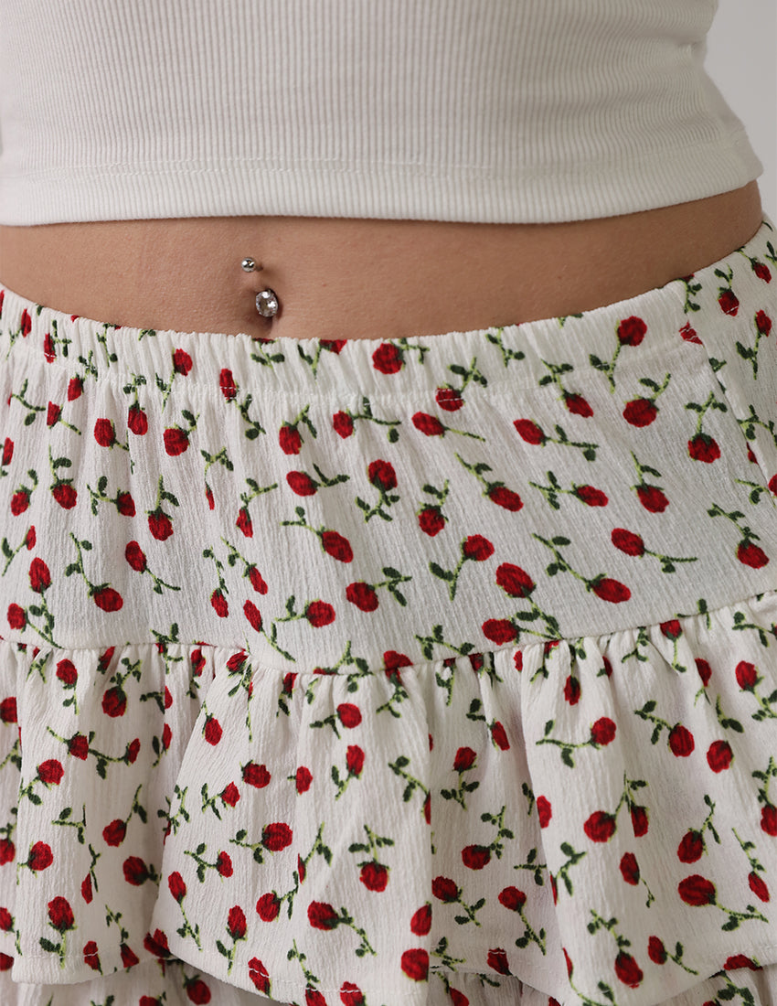 Floral Printed Tiered Mini Skirt - White & Red
