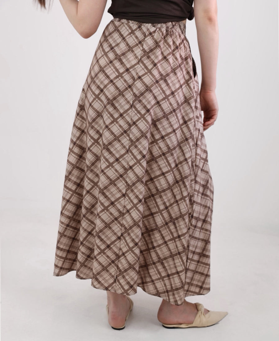 Long brown-beige check skirt