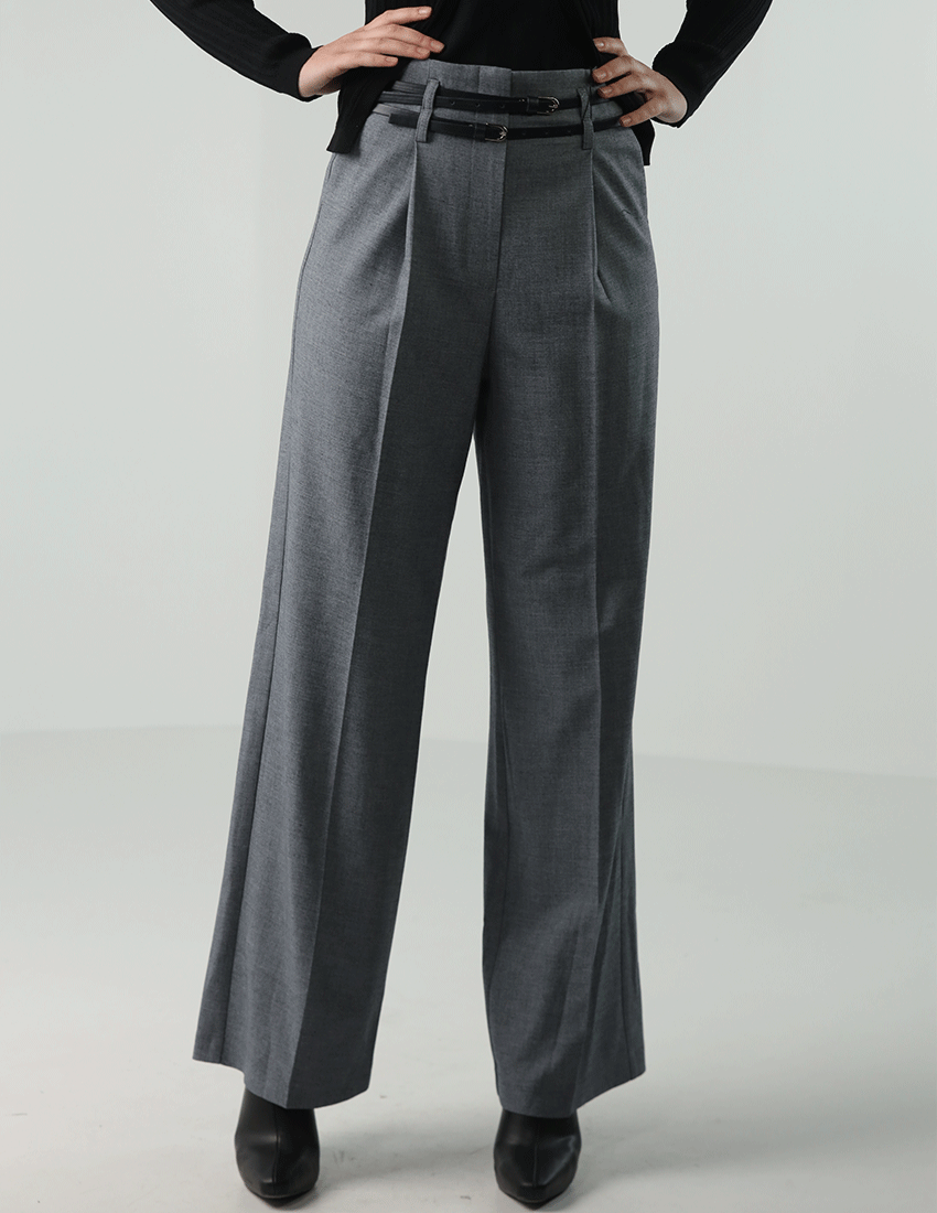 Formal Wide-Legged Pants with Double Leather Belt