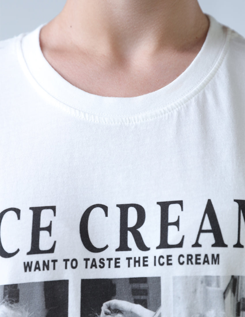 T-shirt printed with three pictures of girls with the word 'ICE CREAM'