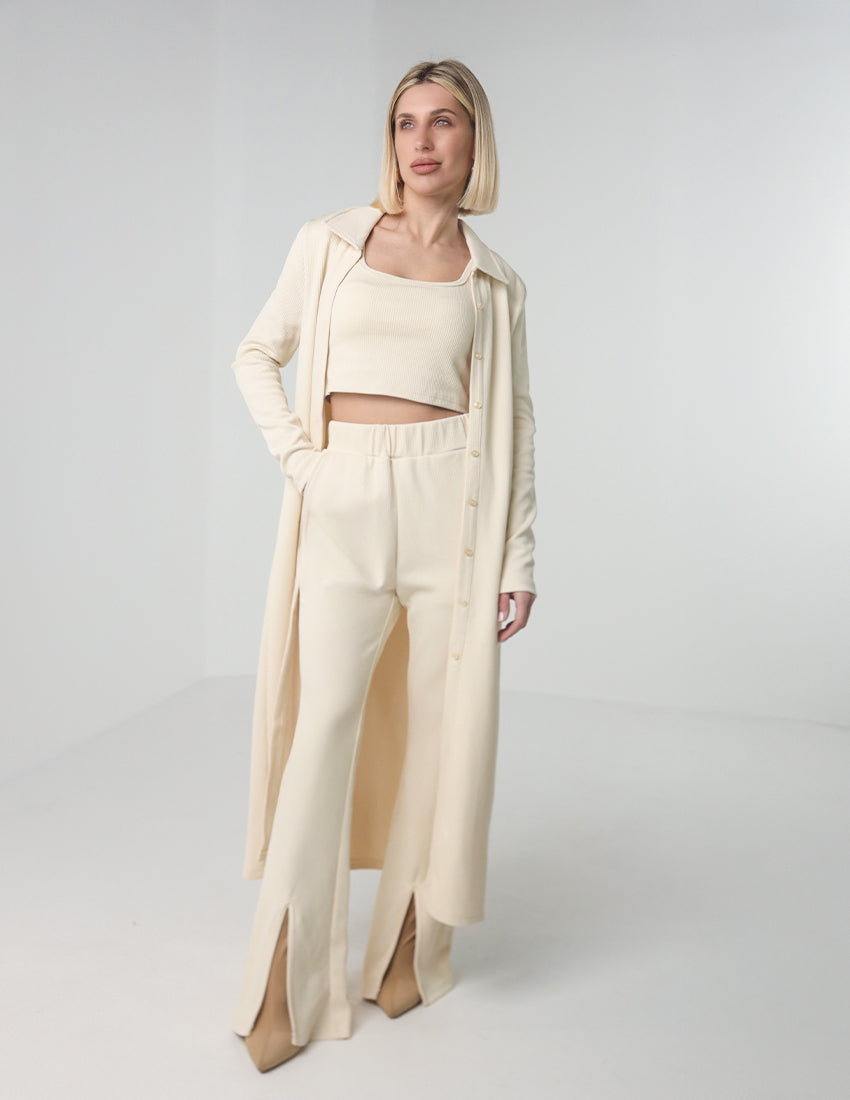 Three-Piece Ribbed Set with Longline Shirt