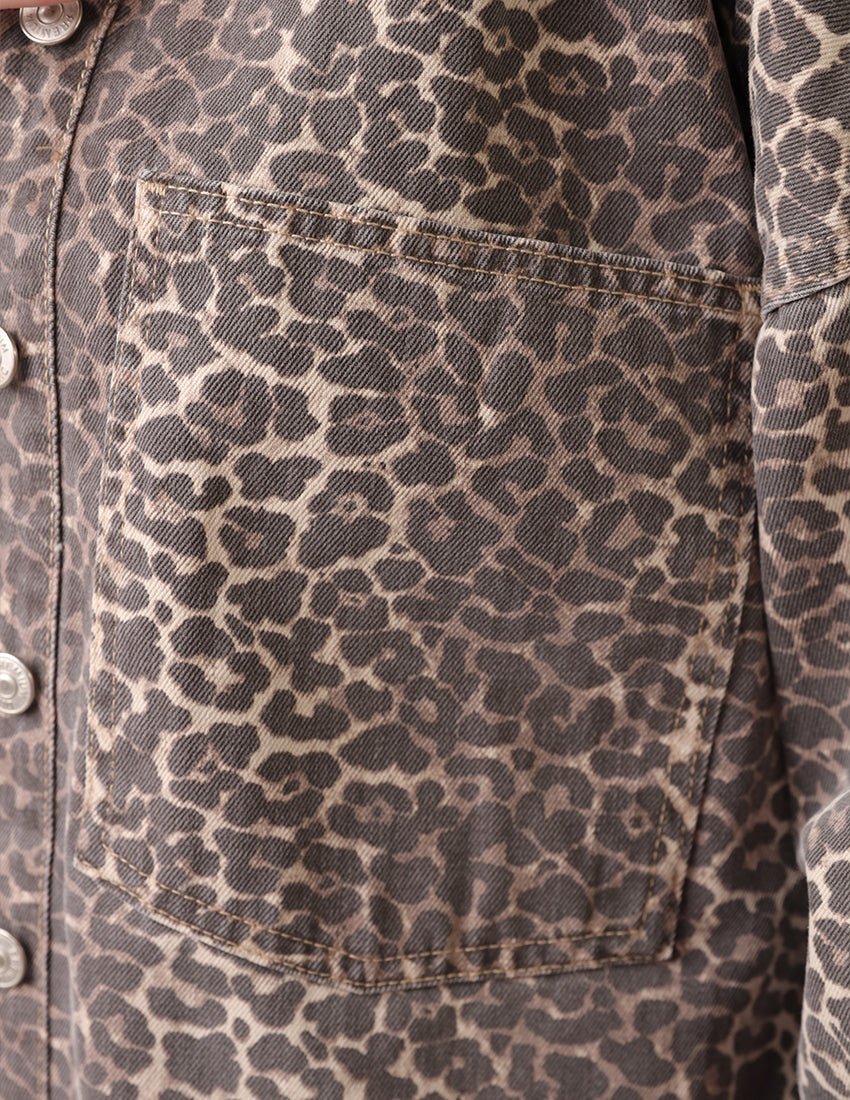 Long Denim Jacket - Leopard Print