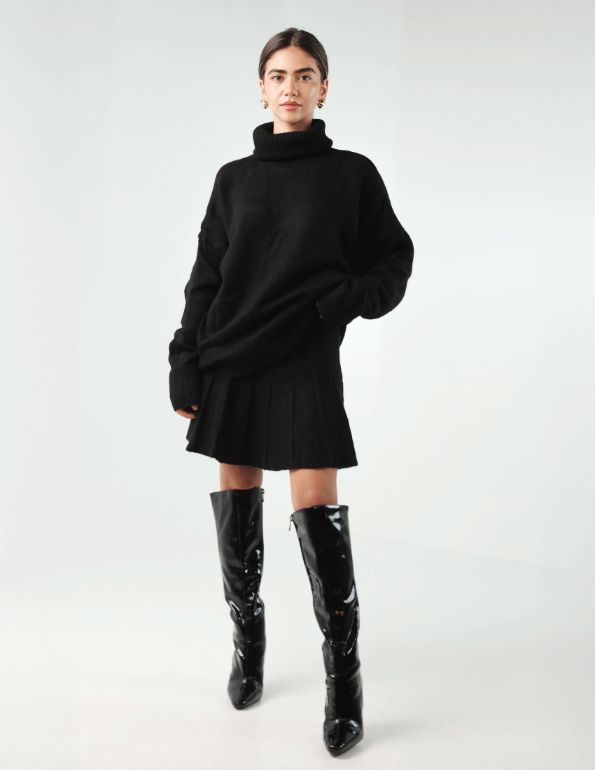 Two-Piece Set: Tricot Turtleneck Top and Flare Short Skirt