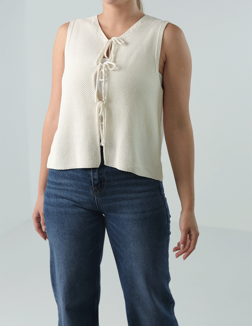 Tricot Tank Top with Triple Front Ties and Crew Neckline