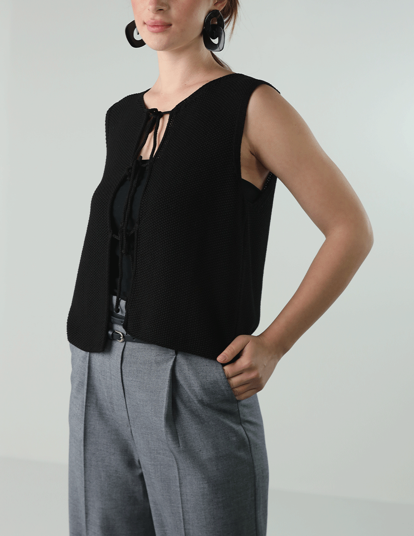 Tricot Tank Top with Triple Front Ties and Crew Neckline