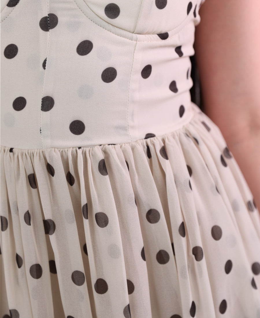 Brown and beige polka dot long sleeveless dress