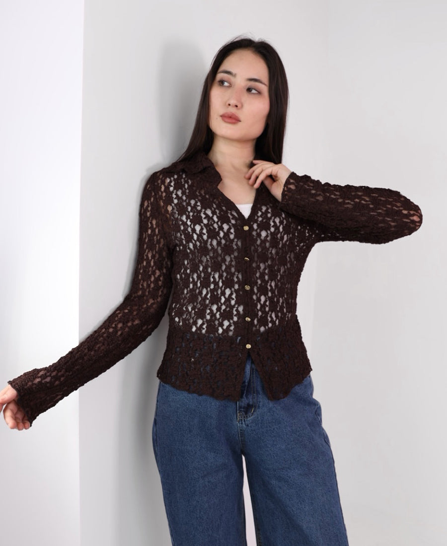 Brown lace button up blouse