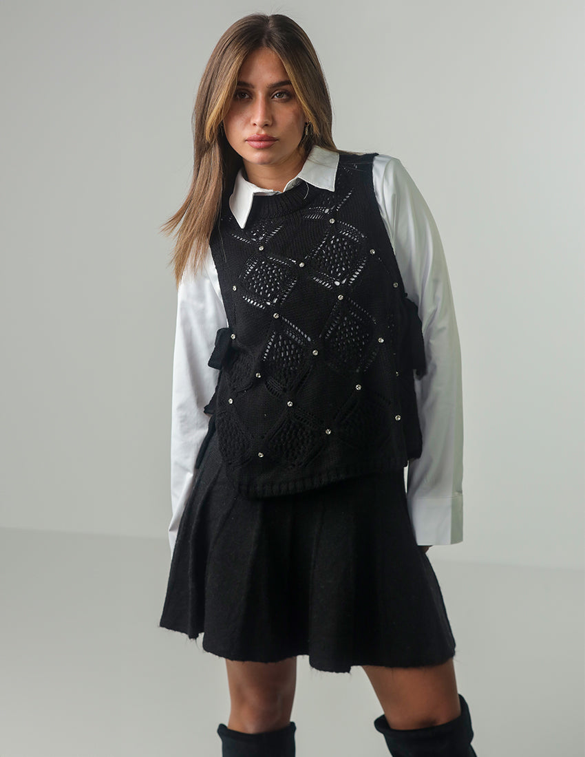 Knit Mesh Vest with Side Ropes and Studs