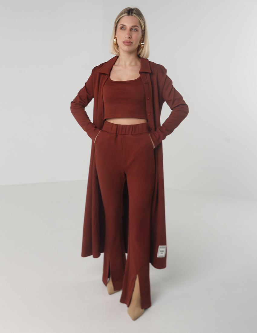 Three-Piece Ribbed Set with Longline Shirt