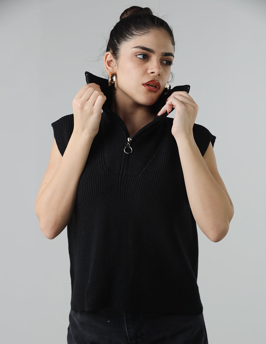 Black Tricot Sleeveless Top with a Zipper