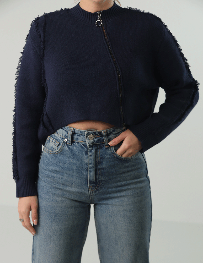 Tricot Cardigan with Front Zipper and Asymmetrical Hemline