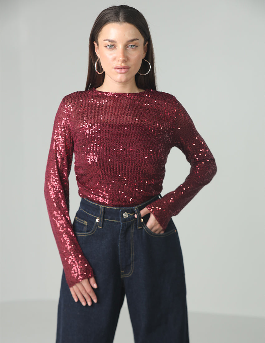 بلوزة طويلة الأكمام مزينة بالترتر وفتحة رقبة دائرية