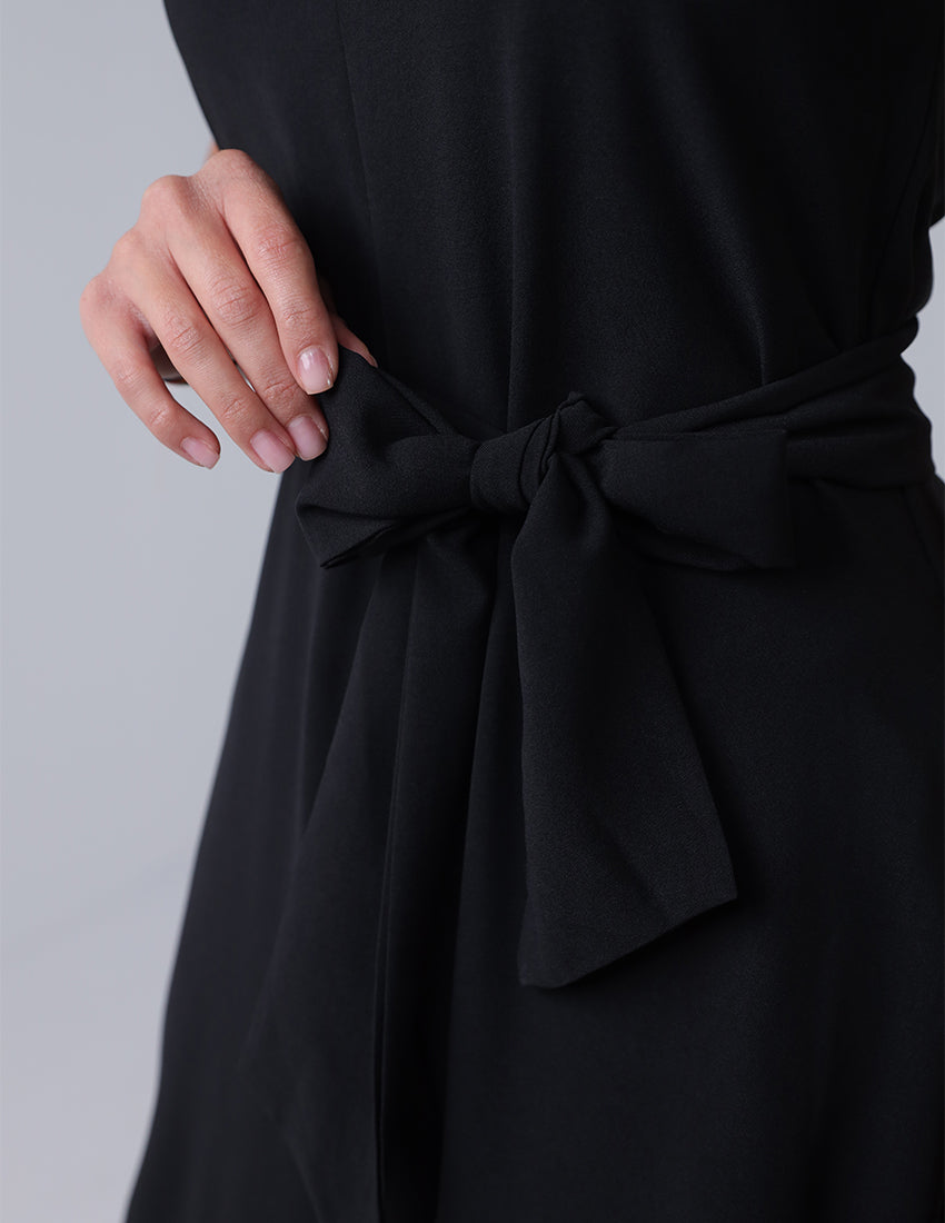 Black wide leg jumpsuit, sleeveless, with a waist tie.