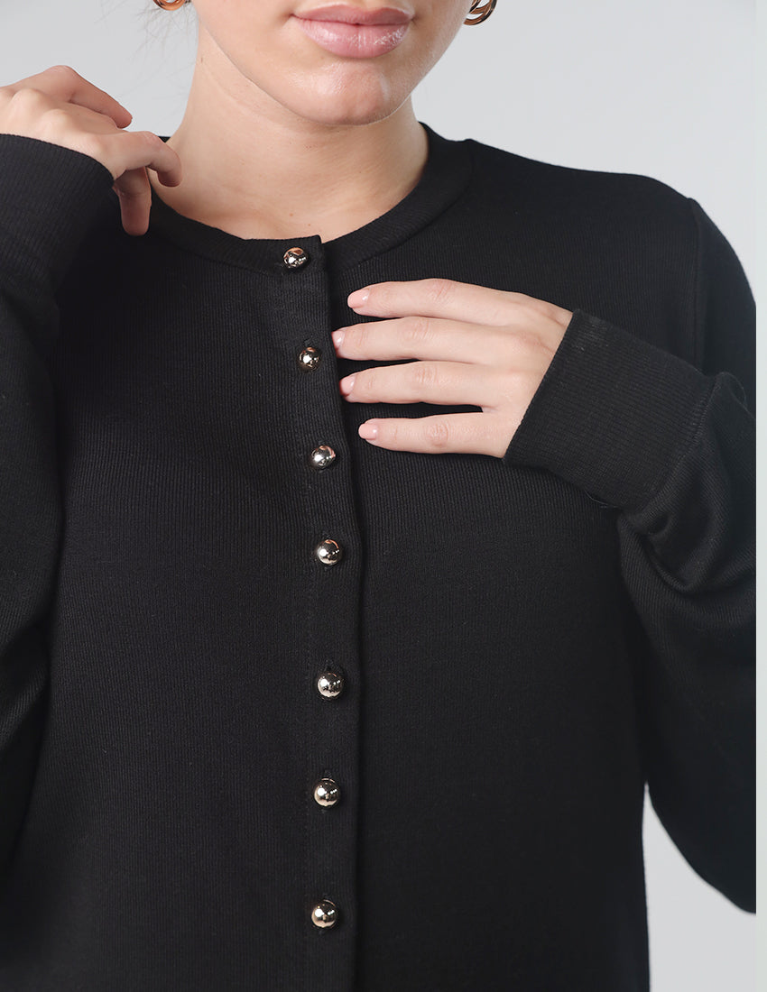 كارديجان أسود بفتحة رقبة دائرية وأزرار