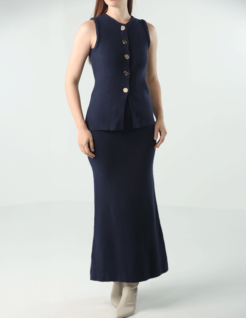 Two-Piece Set: Sleeveless Top and Long Skirt with Gold Buttons