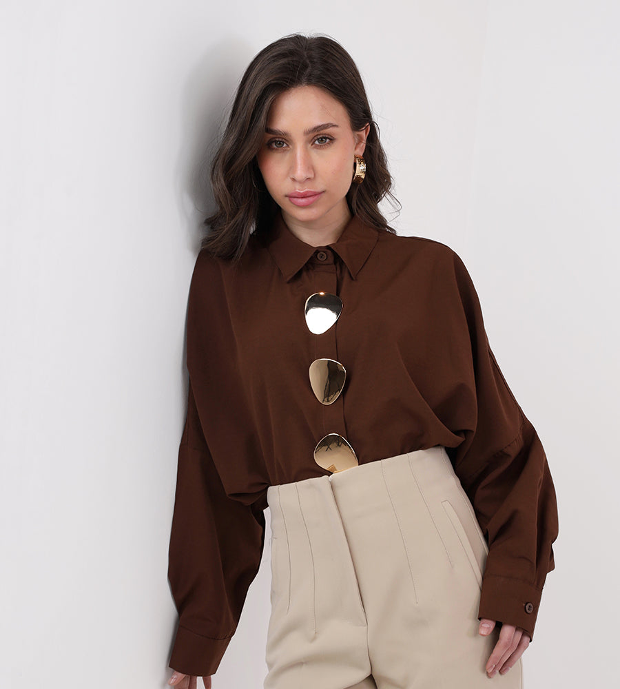 Oversized oval gold button-down shirt