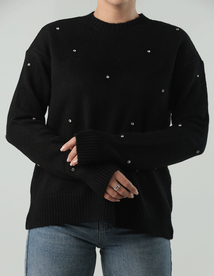 Tricot Studded Blouse with Crew Neckline