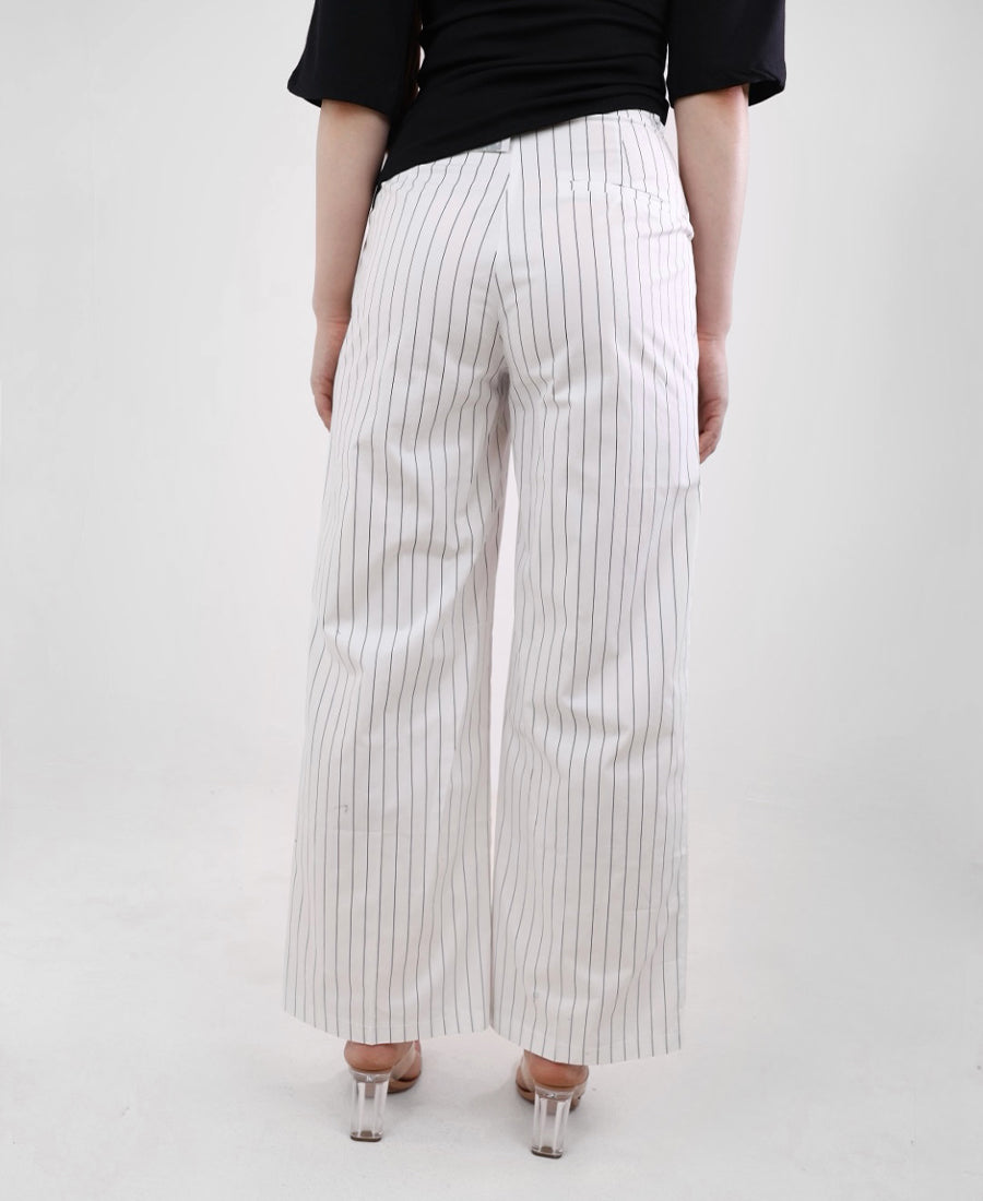White wide leg trousers with black stripes