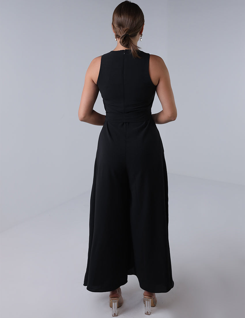 Black wide leg jumpsuit, sleeveless, with a waist tie.