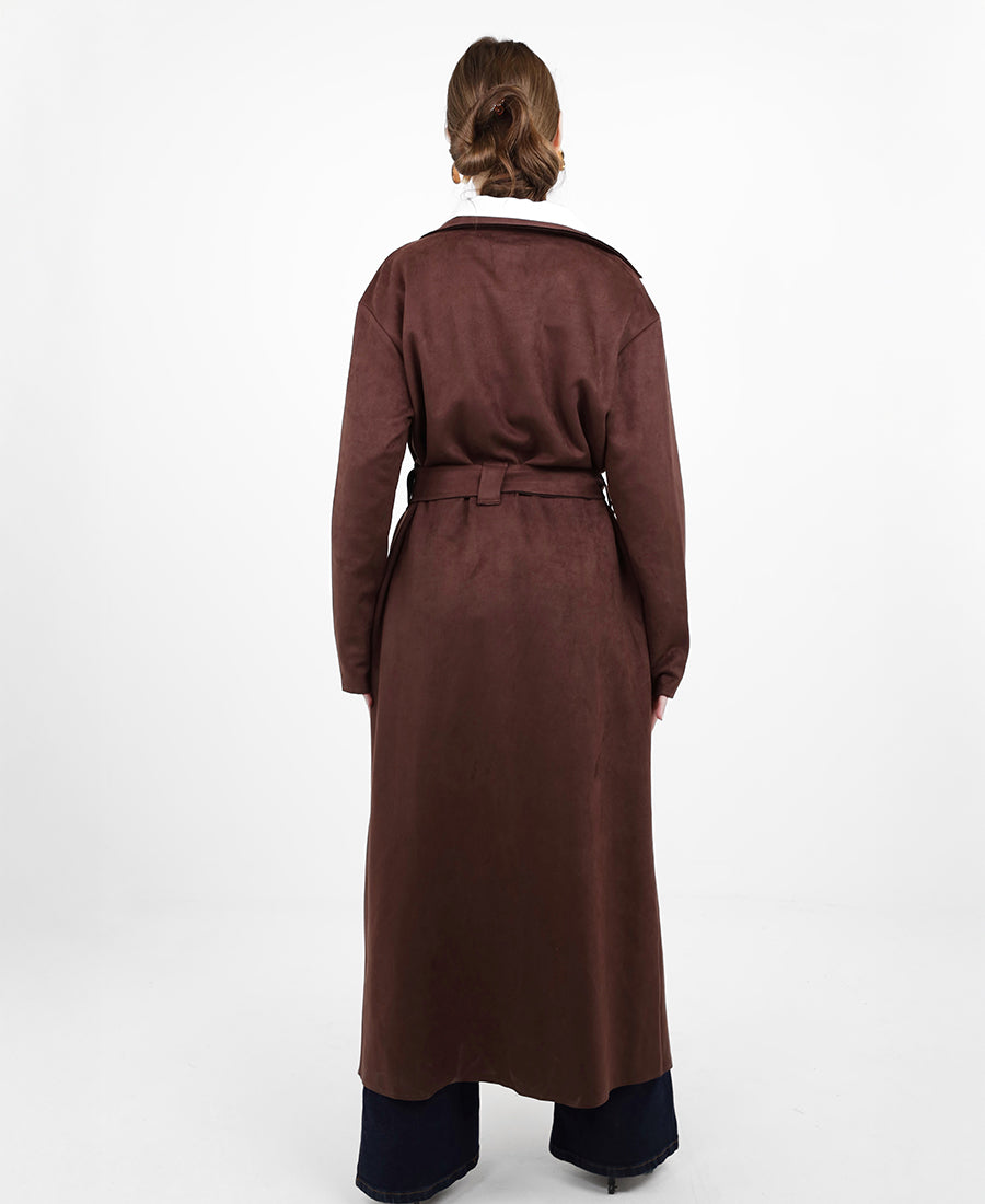 Long suede jacket with waist tie
