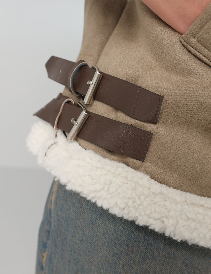 Wool-Lined Vest with Waist Belt and Zipper