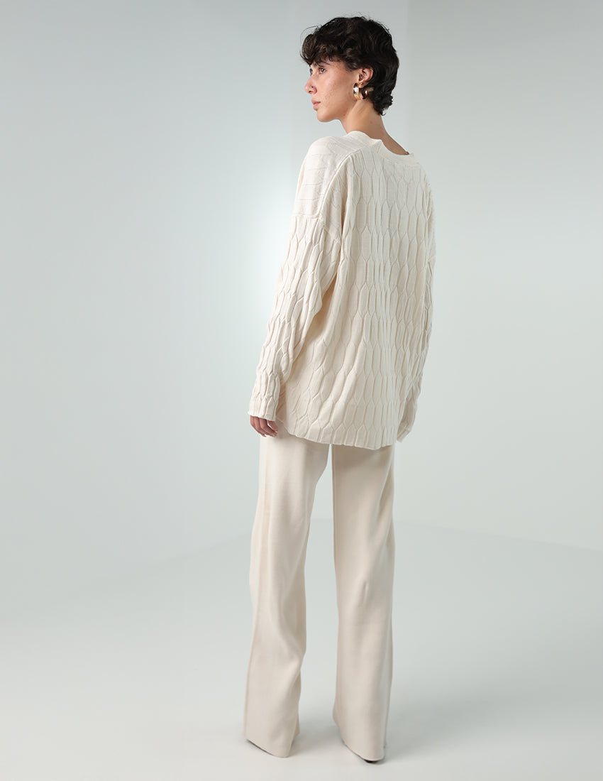 Tricot Two-Piece Set: Cardigan with V Neckline and Straight Pants