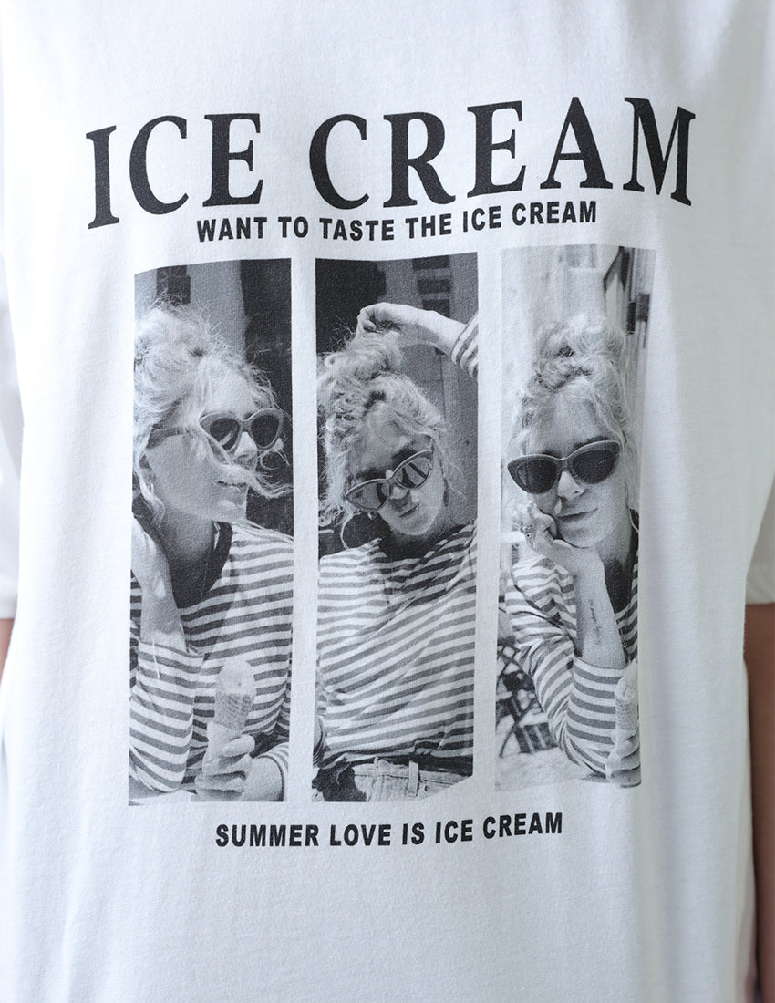 T-shirt printed with three pictures of girls with the word 'ICE CREAM'