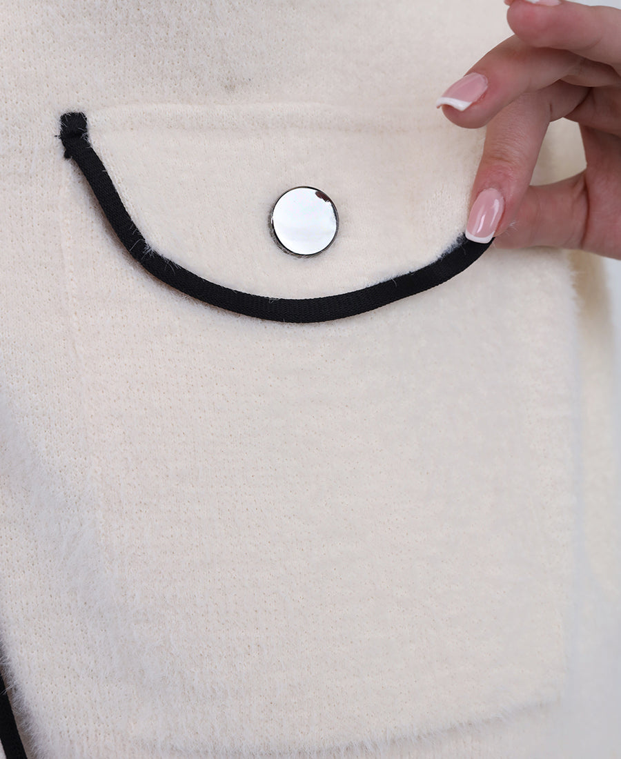 Off-white-black button-up wool blouse