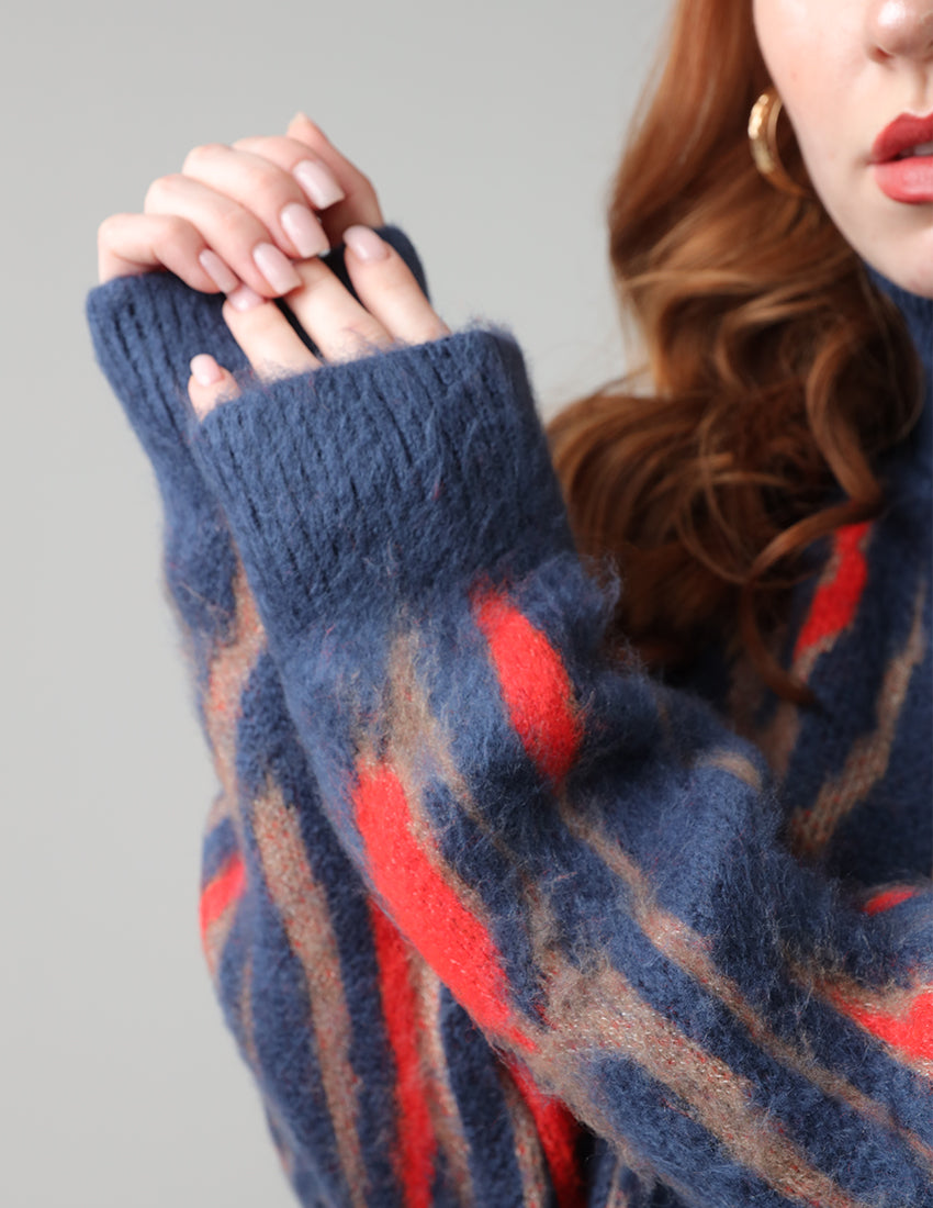 سترة تريكو بياقة مدورة باللون الأزرق الداكن