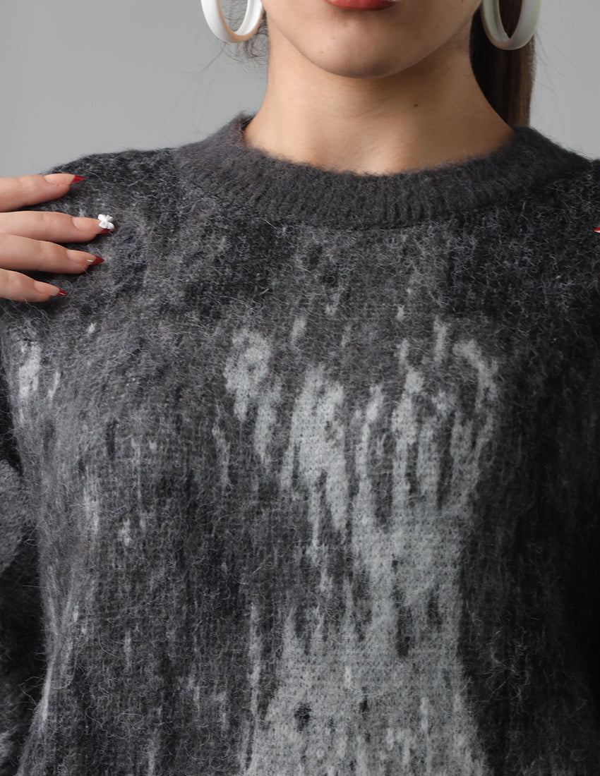 Abstract Print Knit Wool Sweater with Wide Sleeves