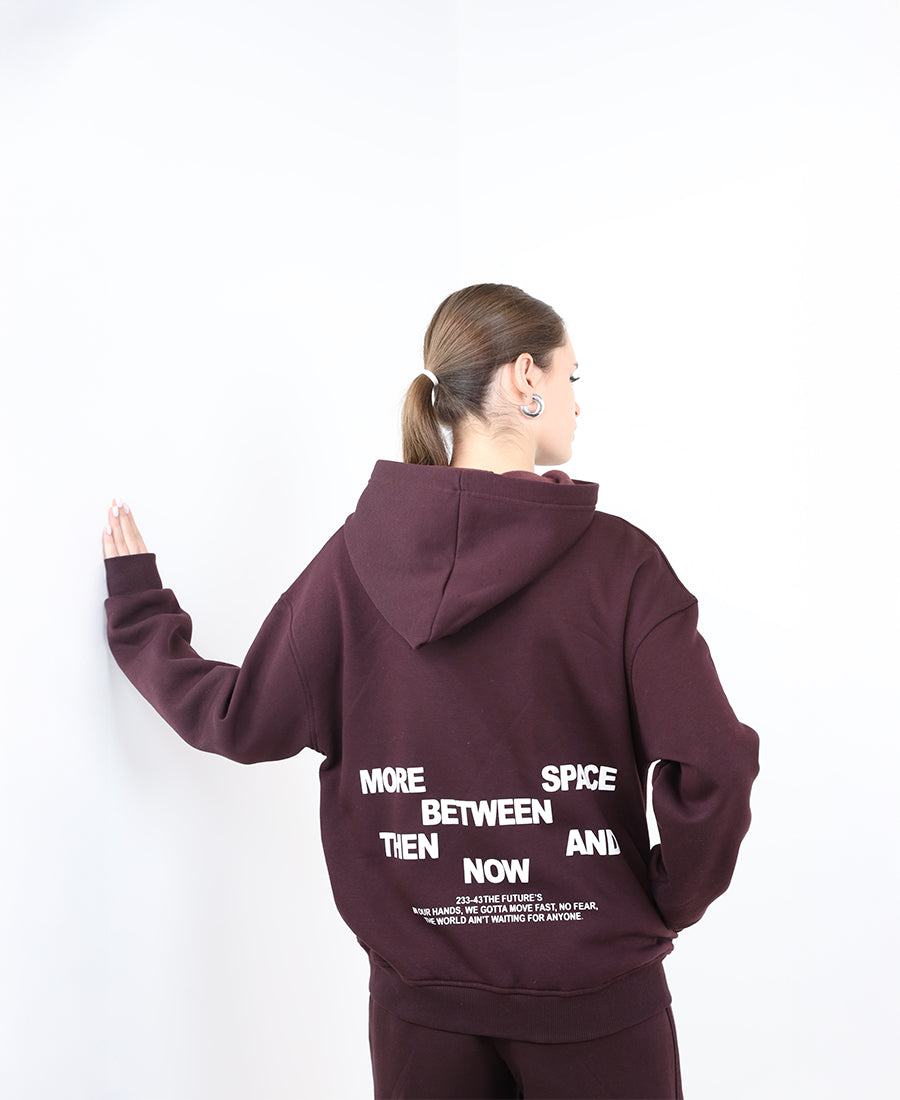 Maroon hoodie with printed words