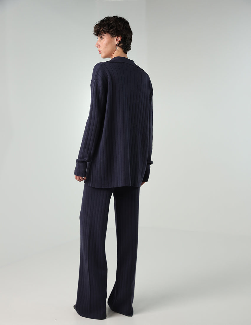 Tricot Two-Piece Set: Double-Breasted Cardigan with Straight Pants