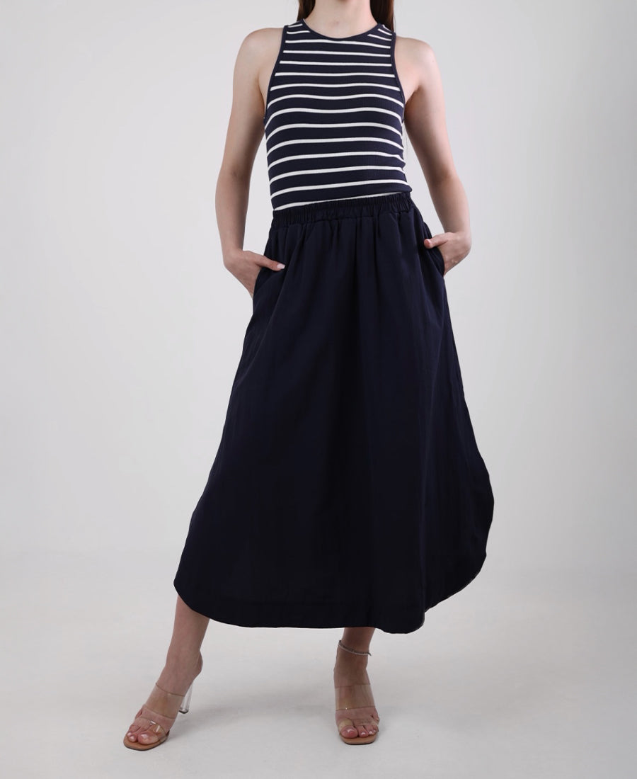 Long sleeveless dress navy blue striped at the top