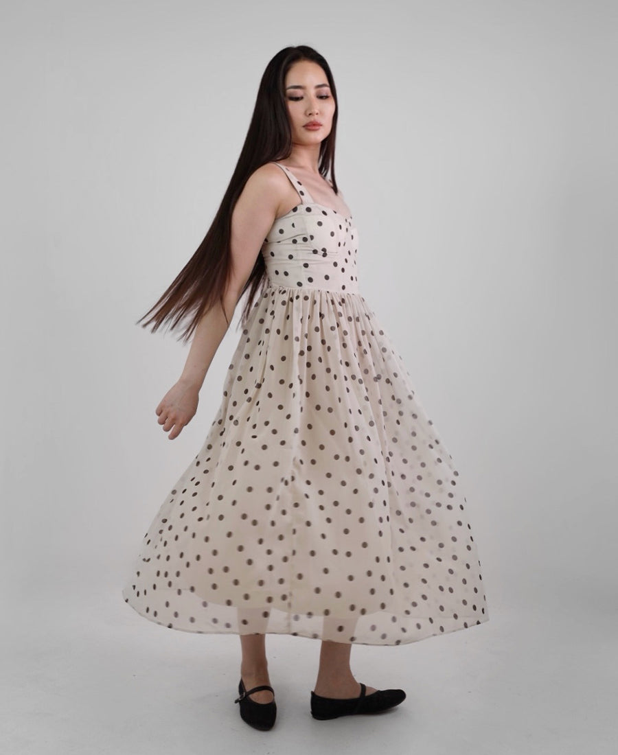Brown and beige polka dot long sleeveless dress