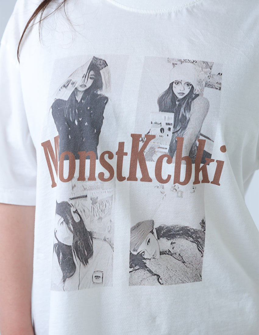 T-shirt with four pictures of girls and writing in the middle.