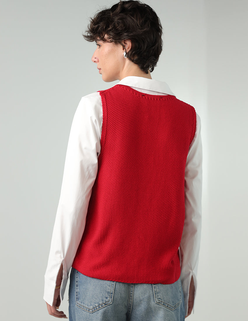Tricot Tank Top with Triple Front Ties and Crew Neckline