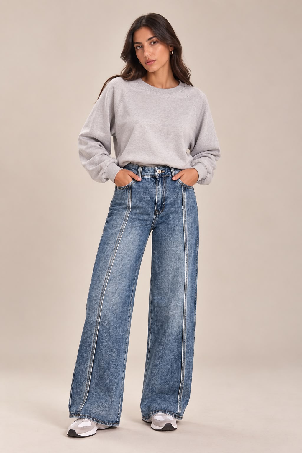 Dark blue wide-leg jeans with a center line