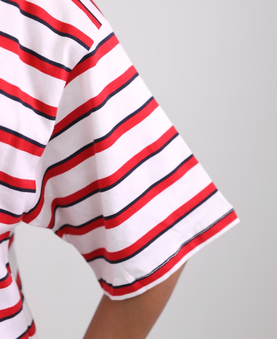 Oversized T-shirt, red and navy striped, word on the chest
