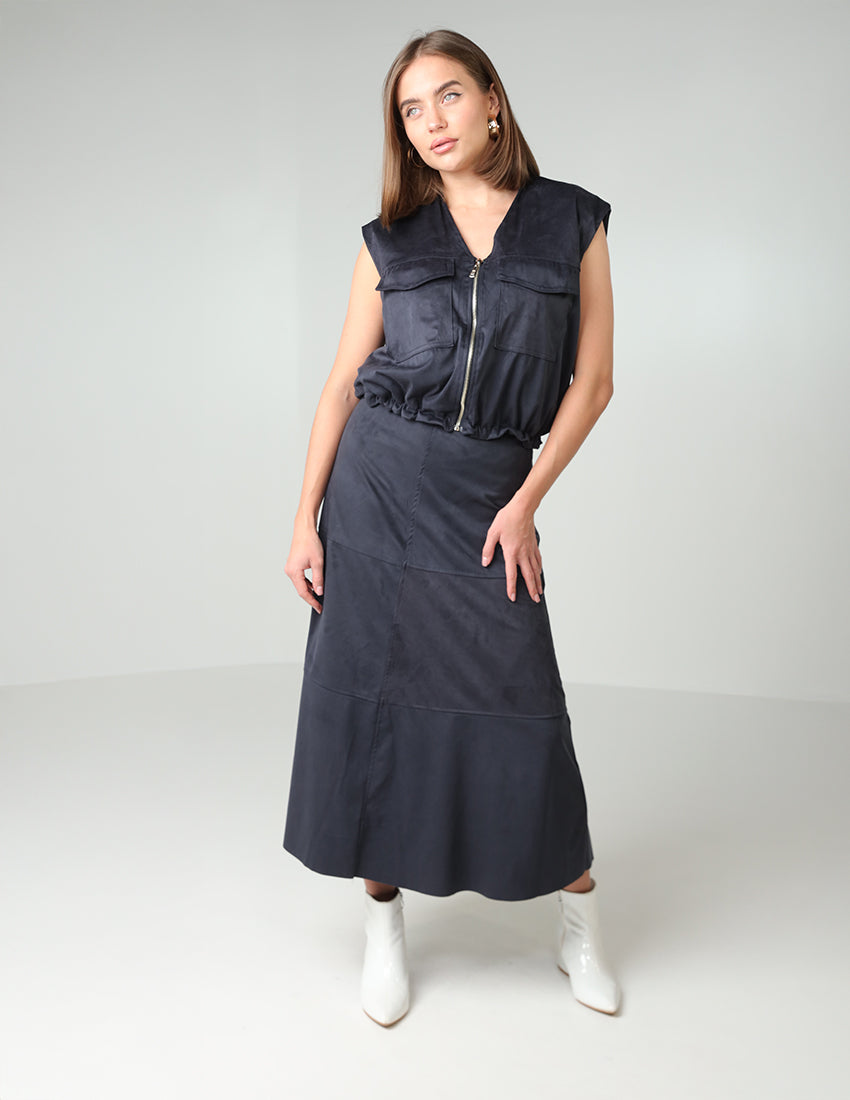 Two-Piece Set: Zipper Vest with Patch Pockets and Long Skirt