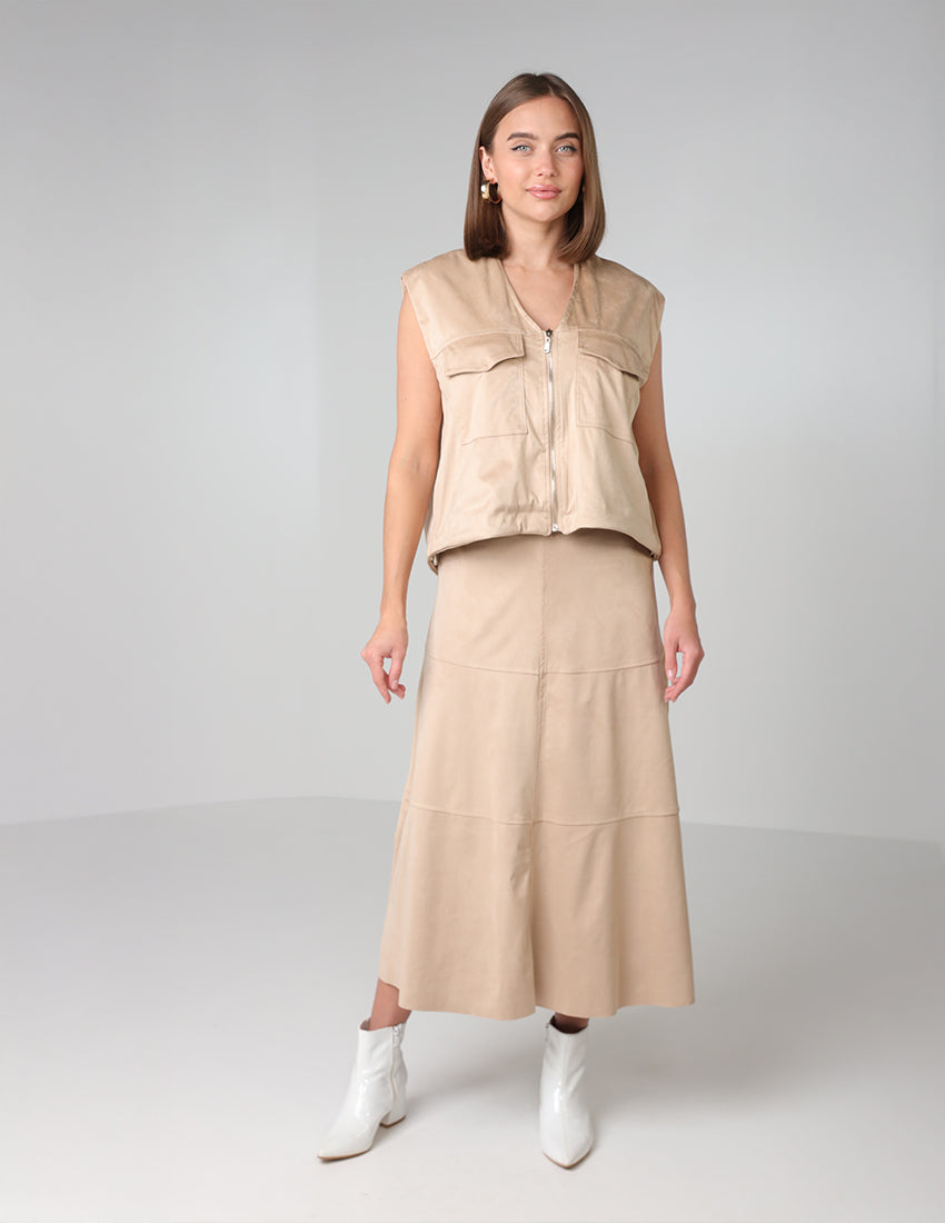 Two-Piece Set: Zipper Vest with Patch Pockets and Long Skirt