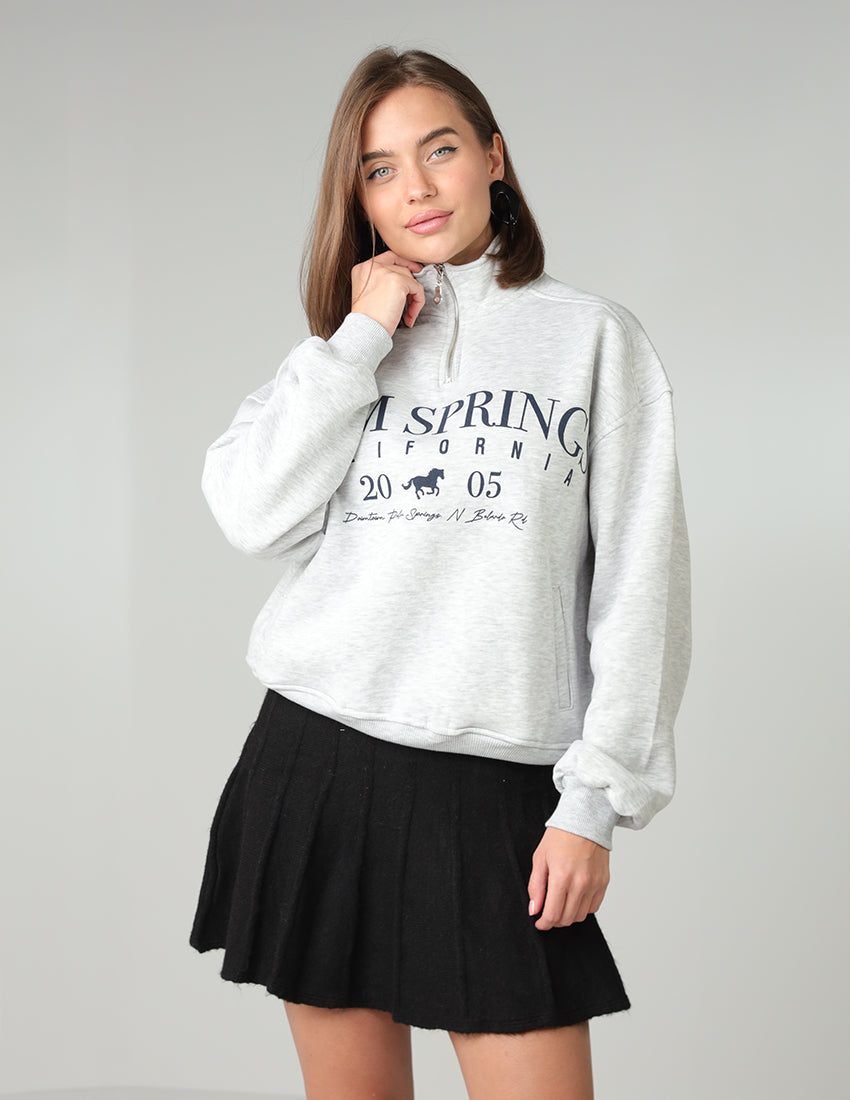 High Neck Half-Zip Sweatshirt with Horse Print and "Palm Springs"