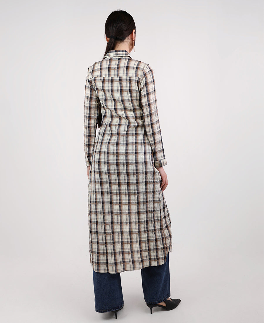 Long shirt dress with a checkered print, off-white