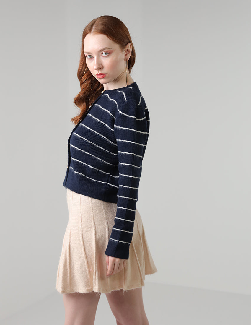 Navy Blue Striped Cardigan with Button Closure and Crew Neckline