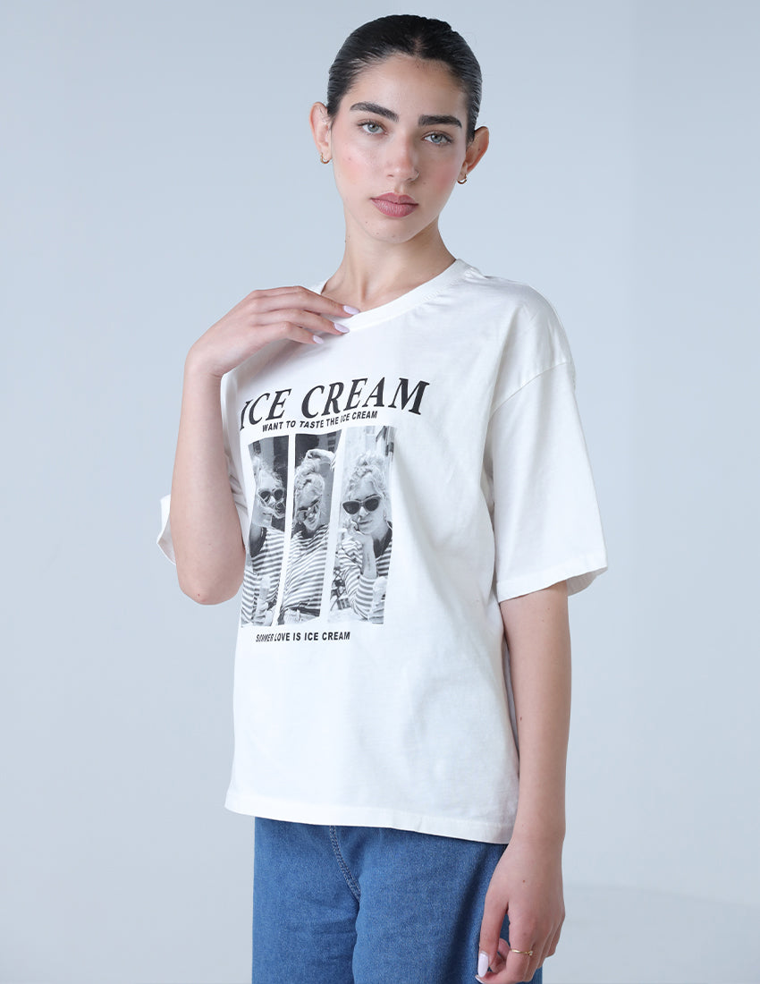 T-shirt printed with three pictures of girls with the word 'ICE CREAM'
