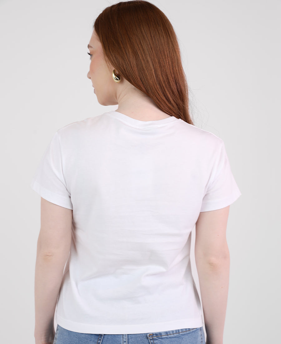 White T-shirt with red rhinestone writing