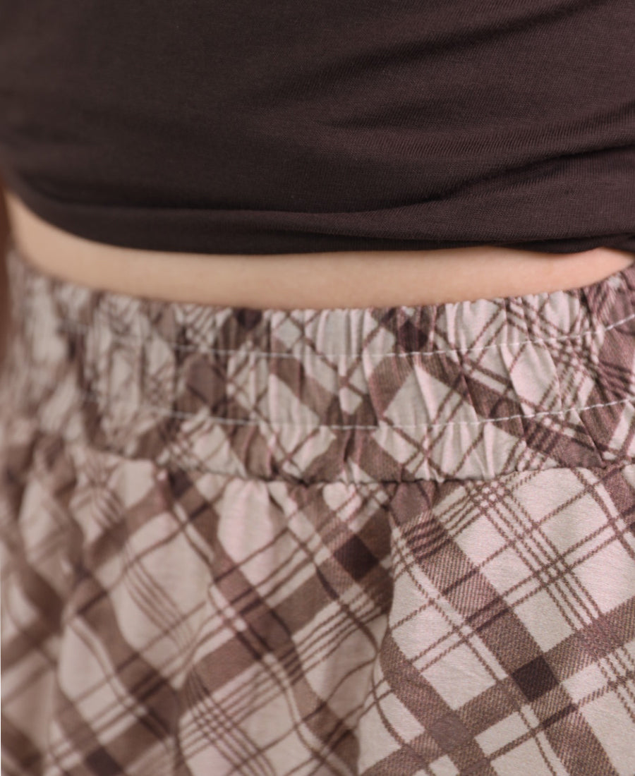 Long brown-beige check skirt
