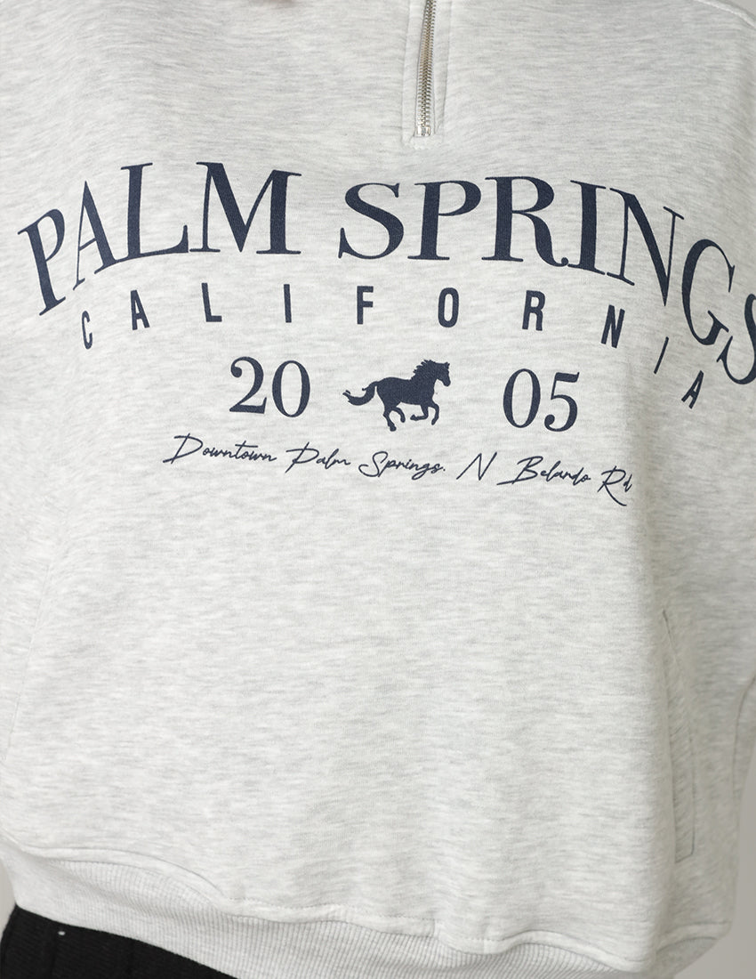 High Neck Half-Zip Sweatshirt with Horse Print and "Palm Springs"