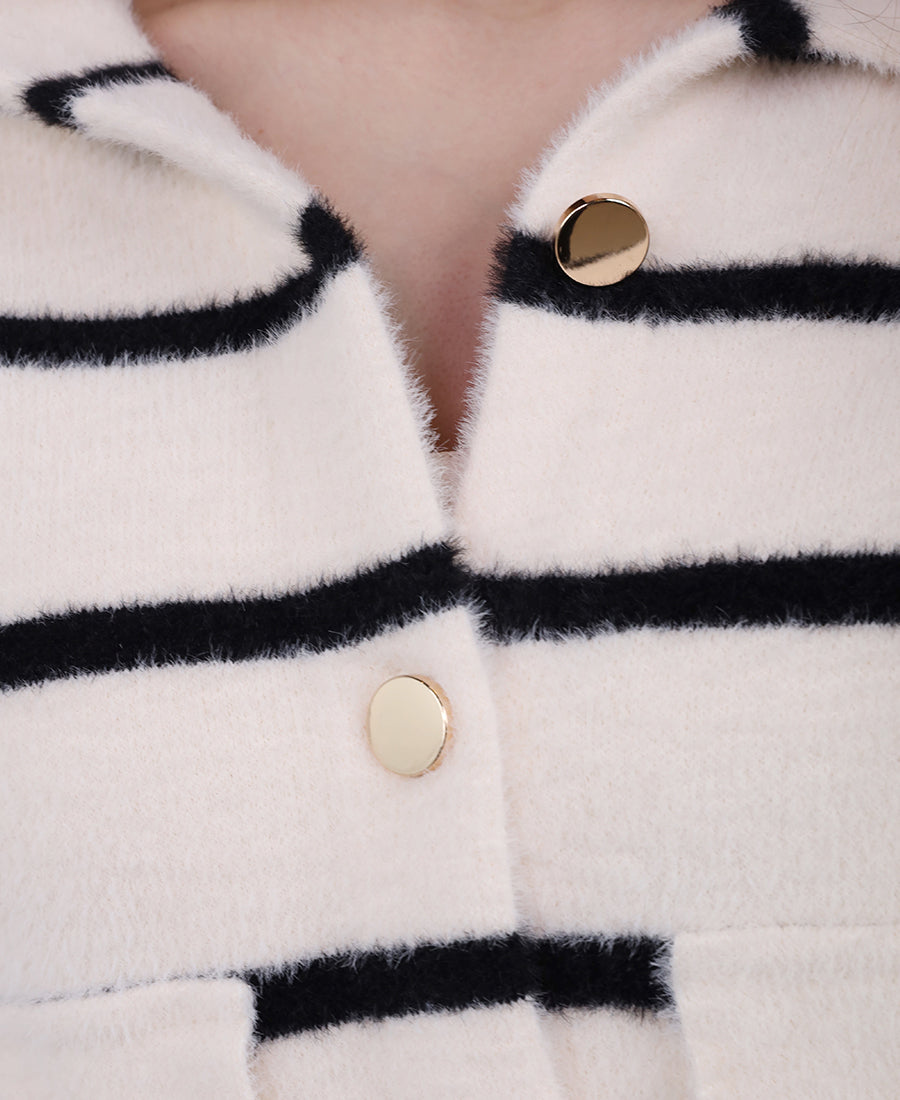 Off-white wool jacket with black stripes and a hood