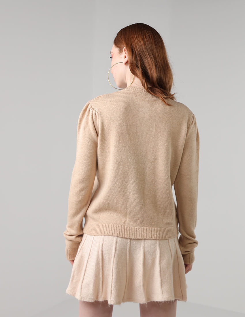 Tricot Buttoned Cardigan with Crew Neckline