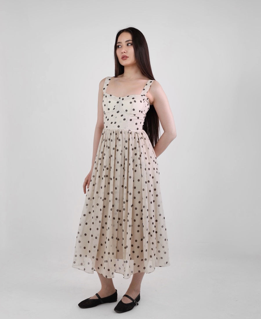 Brown and beige polka dot long sleeveless dress